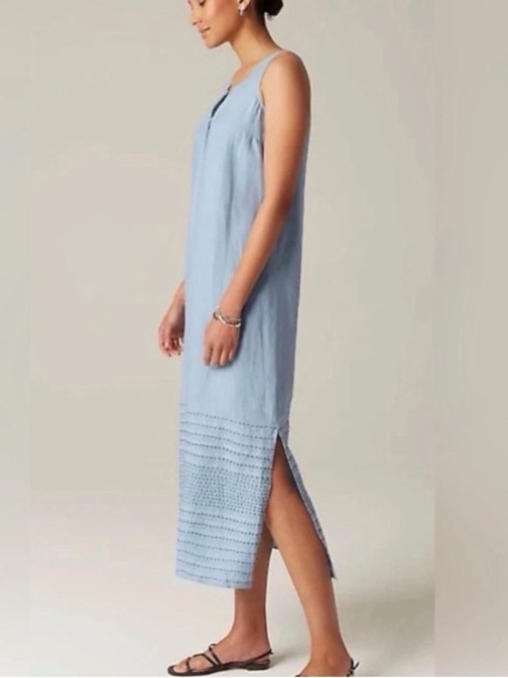 J Jill Pure Linen Blue Embroidered Maxi Dress Size Medium Sleeveless Split Neck - Picture 3 of 10